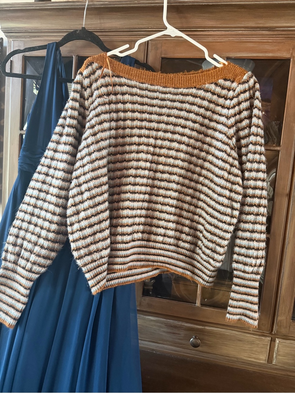Nine West Off-Shoulder Striped Sweater in Cream and Brown